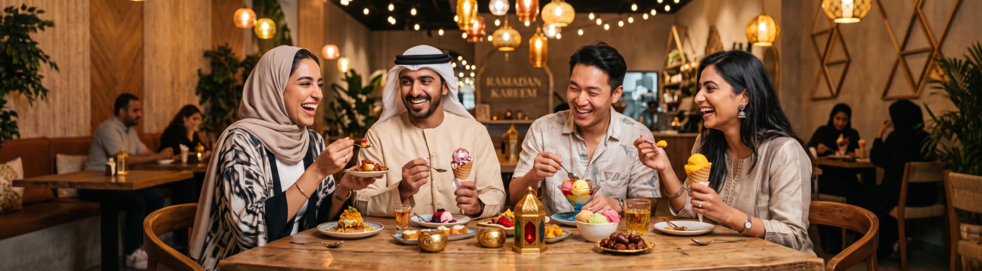 Man and woman in traditional Emirati attire sharing desserts, Arabic coffee and a Ramadan lantern at a restaurant table