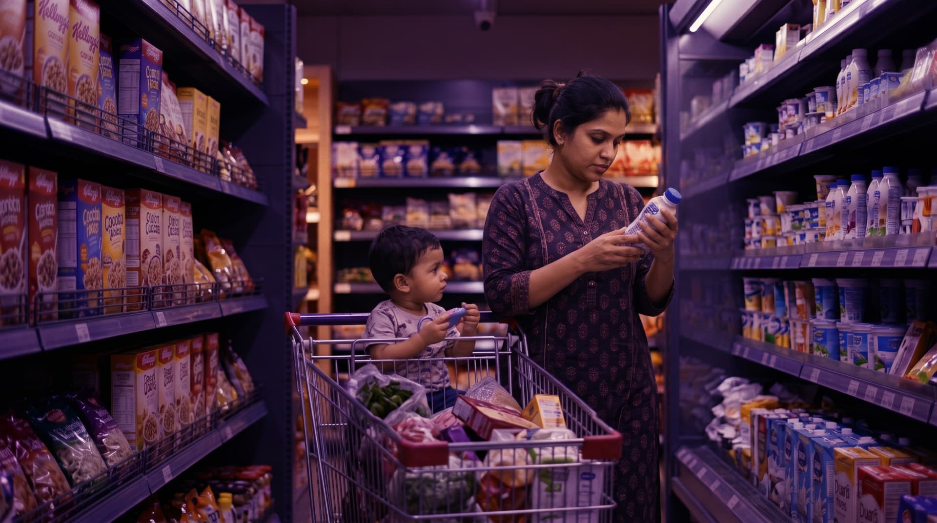 A shopper reads the label of a bottled drink in a supermarket aisle while her child sits in the trolley