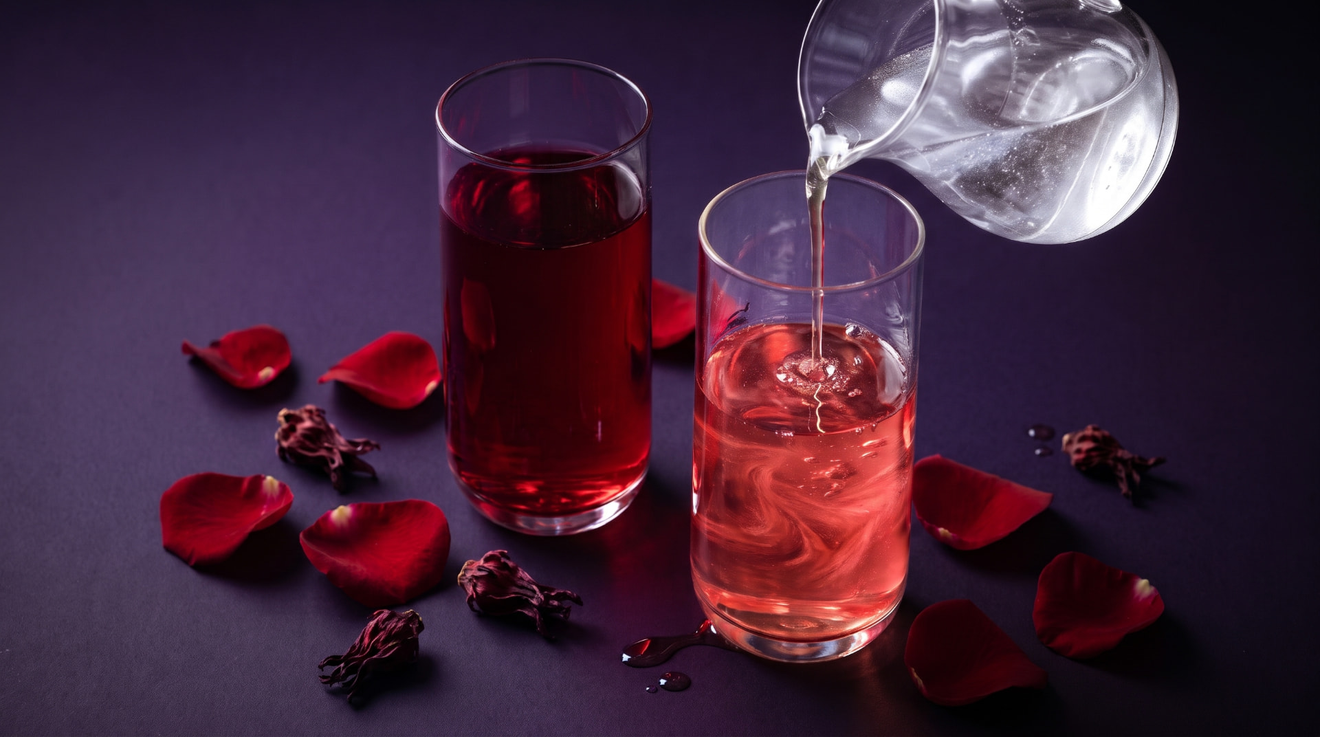 شراب نكهات الورد والكركديه على خلفية بنفسجية — تحضير شرابات النكهات في الإمارات | FlavourShop.ae